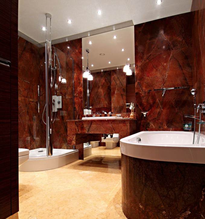 Ванная комната под мрамор - дизайн решения и сочетание с деревом