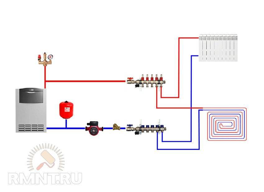 Система отопления с теплым полом и радиаторами: от одного котла, совместно, в один коллектор, с одним насосом, схема подключения